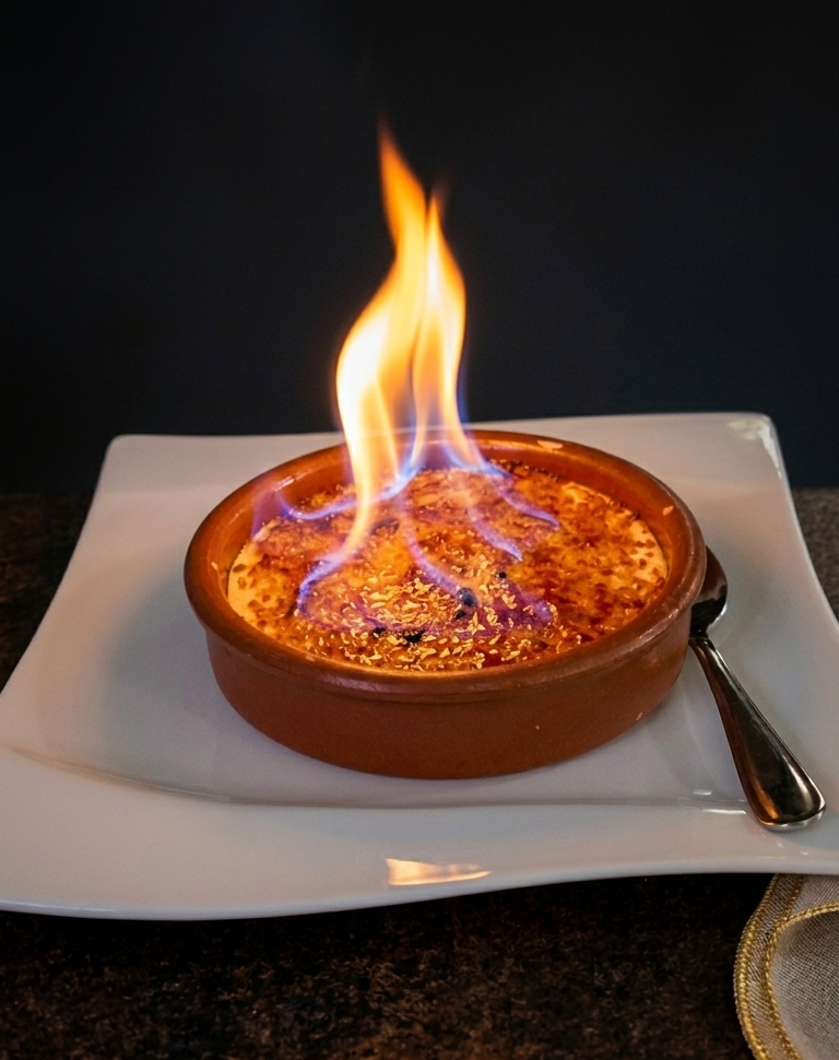 Crème brulée flambée à table